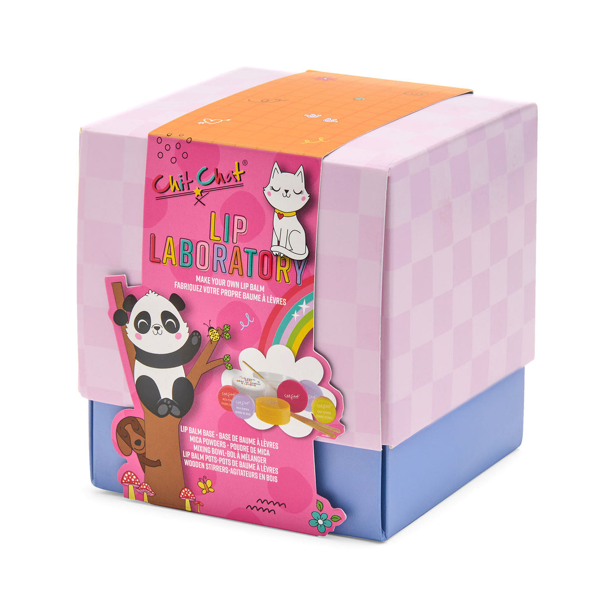 Colourful packaging of Chit Chat Lip Laboratory with cartoon characters on a white background