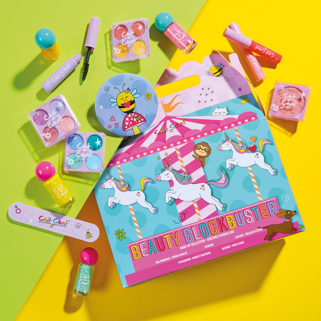 Children's beauty product set with a 'Beauty Blockbuster' box on a colourful background