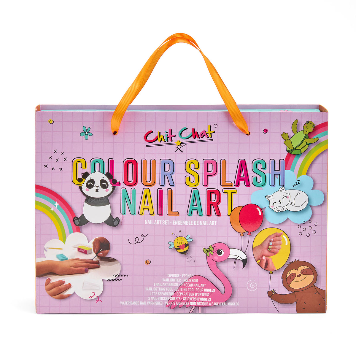 Chit Chat Colour Splash Nail Art kit packaging with colourful illustrations on a white background