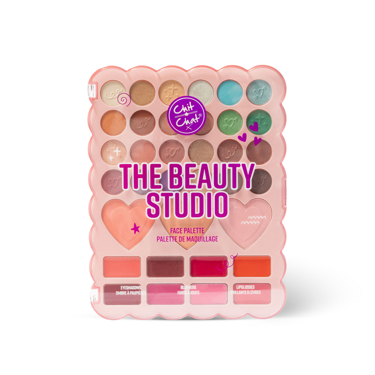 'The Beauty Studio' face palette with a pink scalloped case, containing 20 eyeshadow pans in various shades. The product is centered on a clean white background.
