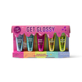 A boxed lip gloss set from Chit Chat called 'Get Glossy', containing five tubes of lip glosses in different colours: Zest Is Best, Bubble Bliss, Berry Sweet, Just Peachy, and Merry Melon. The packaging is bright pink with multi-coloured panels representing each different lipgloss.