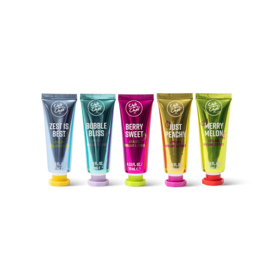 Five tubes of lipgloss, featuring different scents: Zest Is Best, Bubble Bliss, Berry Sweet, Just Peachy, and Merry Melon. Each lipgloss is a individual colour to represent it's scent.