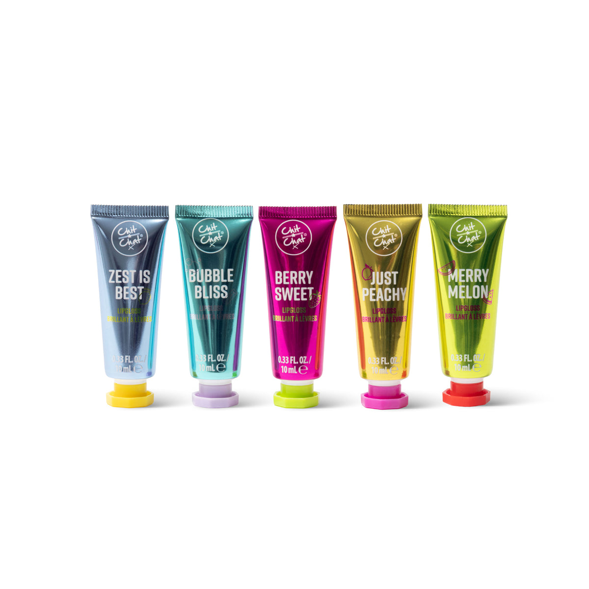 Five tubes of lipgloss, featuring different scents: Zest Is Best, Bubble Bliss, Berry Sweet, Just Peachy, and Merry Melon. Each lipgloss is a individual colour to represent it's scent.