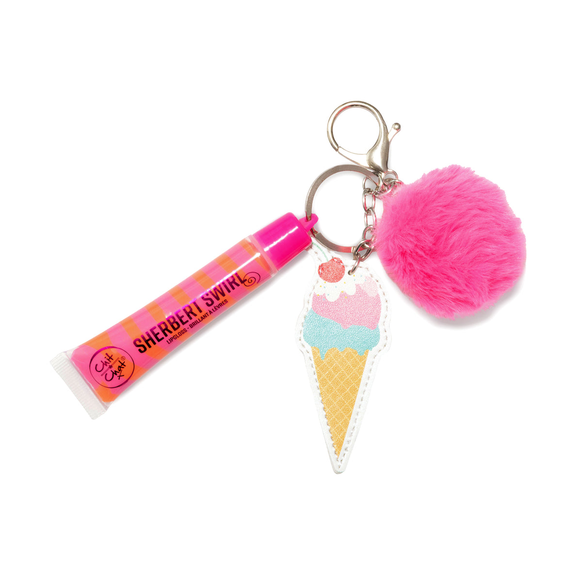 A novelty keychain featuring a pink lip gloss tube labeled 'SHERBET SWIRL' by Chit Chat, an ice cream cone charm, and a fluffy pink pom-pom keychain on a silver split ring.