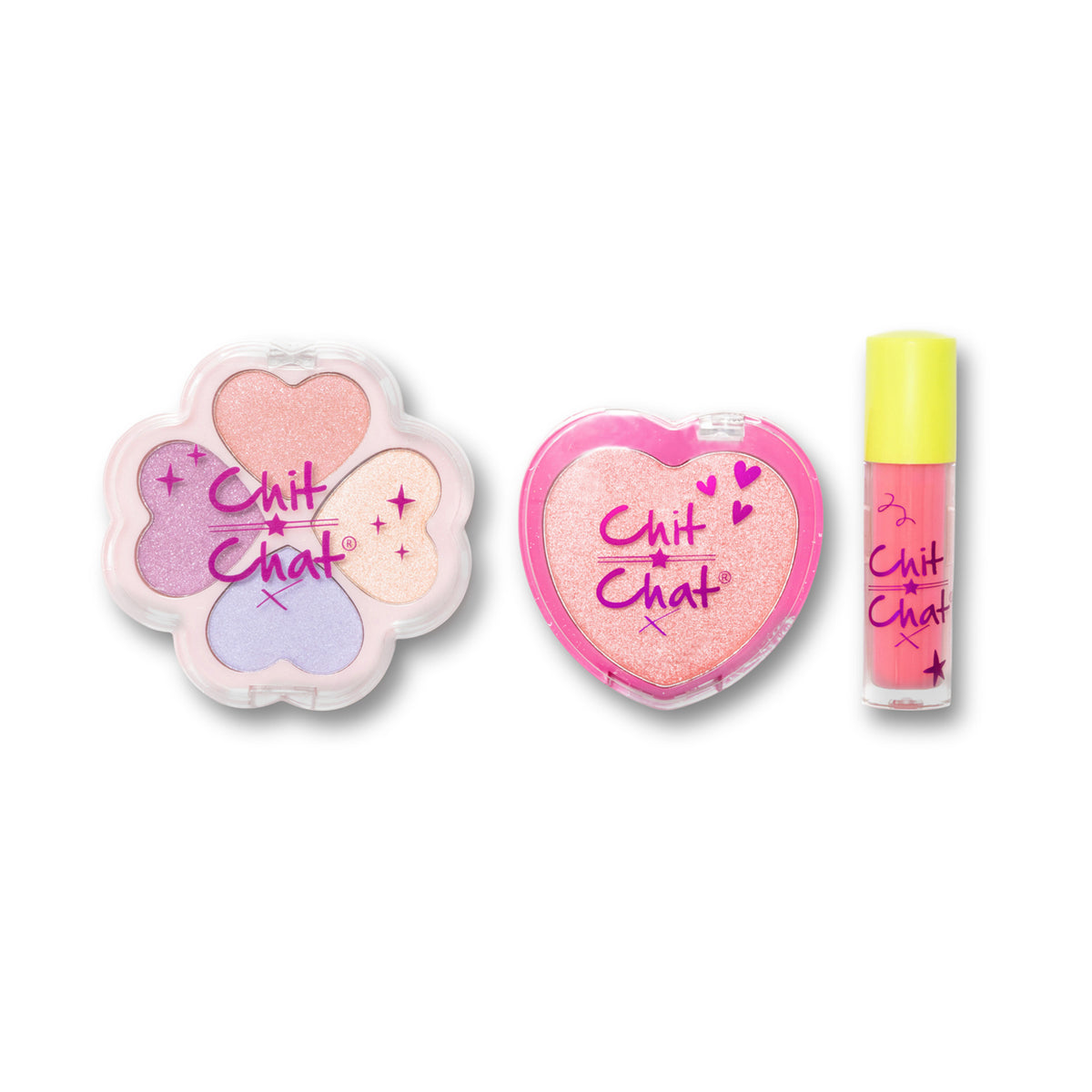 Three Chit Chat makeup items on a white background: a flower-shaped eyeshadow palette with pastel pink, purple, peach, and lavender shades, a heart-shaped pink compact with glittery pink product, and a small lip gloss tube with a bright yellow cap and pink gloss.