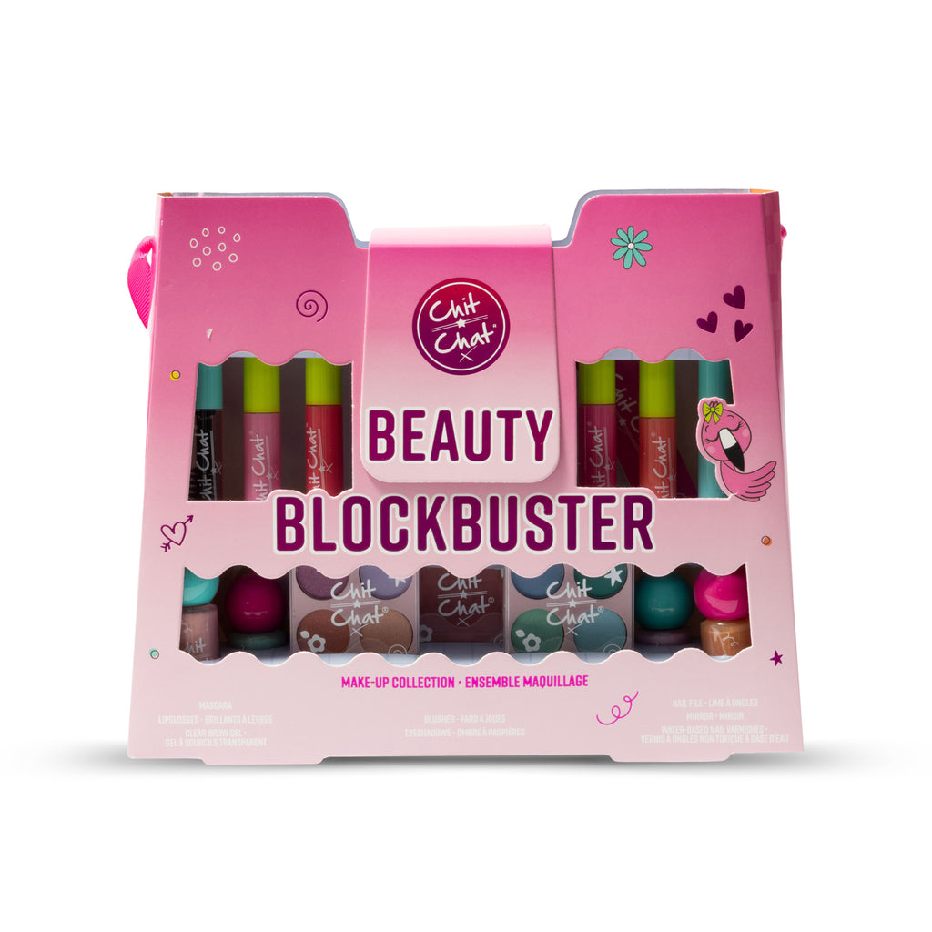 A pink Chit Chat Beauty Blockbuster make-up collection box, showing multiple cosmetic products through a cut out window.