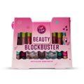A pink Chit Chat Beauty Blockbuster make-up collection box, showing multiple cosmetic products through a cut out window.