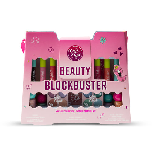 A pink Chit Chat Beauty Blockbuster make-up collection box, showing multiple cosmetic products through a cut out window.