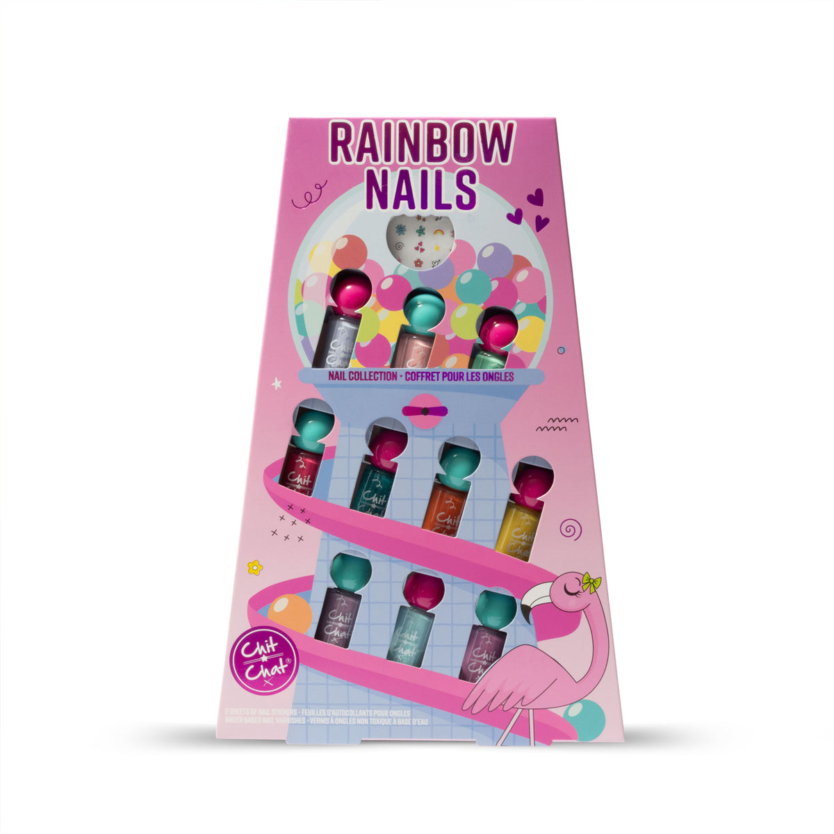 A pink retail display box for a nail colour collection labelled 'RAINBOW NAILS' with multiple small nail polish bottles arranged in tiers. Nail stickers placed at the top shown through a window cut out. The packaging is predominantly pink with a bubble gum machine graphic and flamingo character. The bottles show assorted nail polish colours.