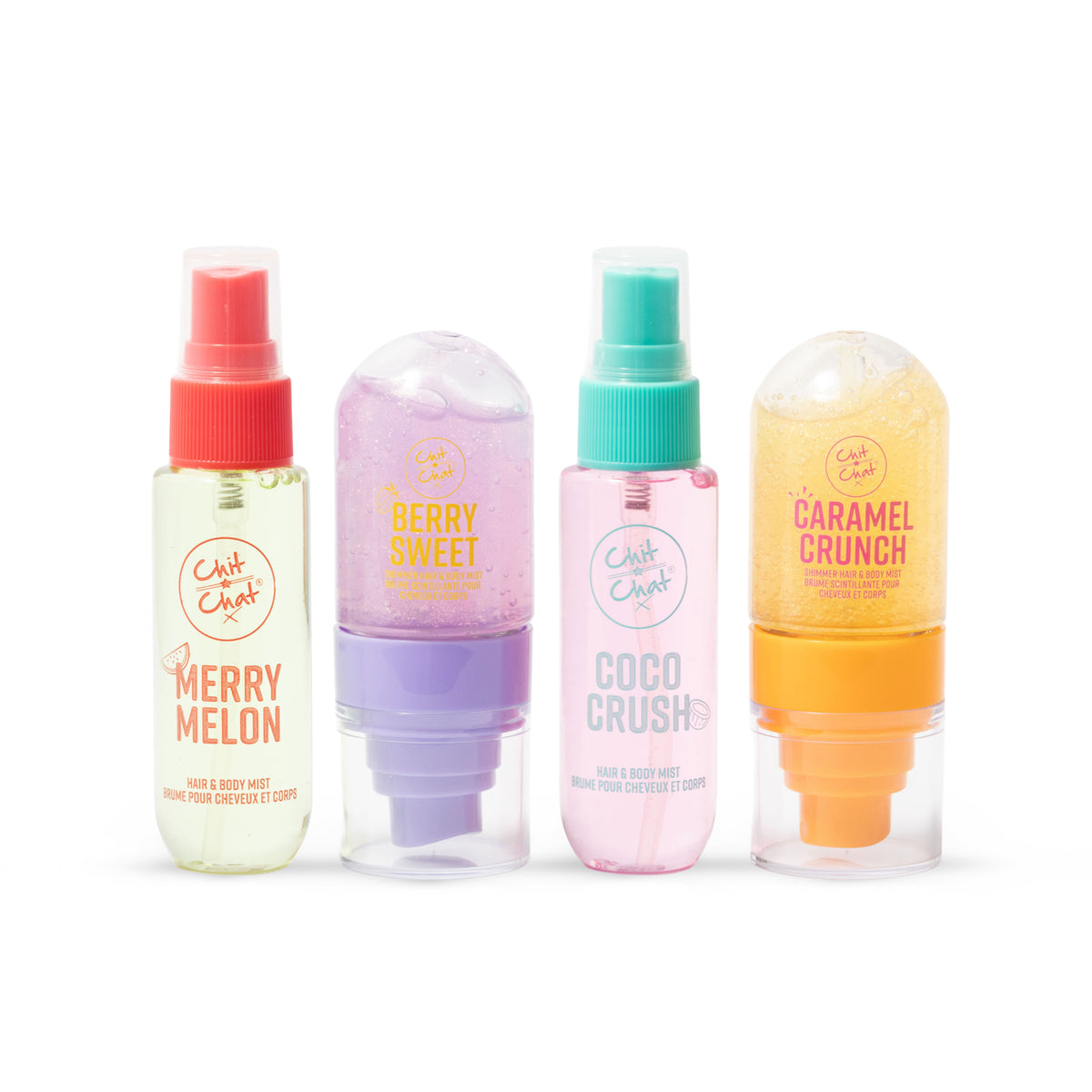Four small spray bottles from Chit Chat stand side by side on a white background. The bottles are clear with colourful caps and bands, and the labels read Merry Melon, Berry Sweet, Coco Crush, and Caramel Crunch.