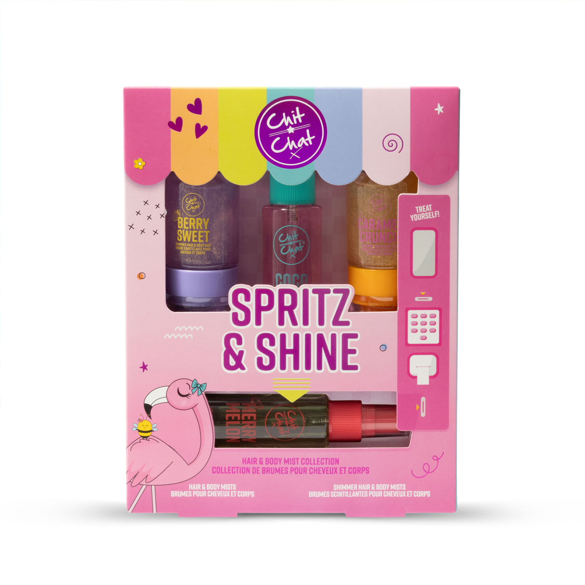 A boxed hair and body mist collection set called Spritz & Shine by Chit Chat, featuring four bottles in a pink and multi coloured retail box with a flamingo and bee graphic.