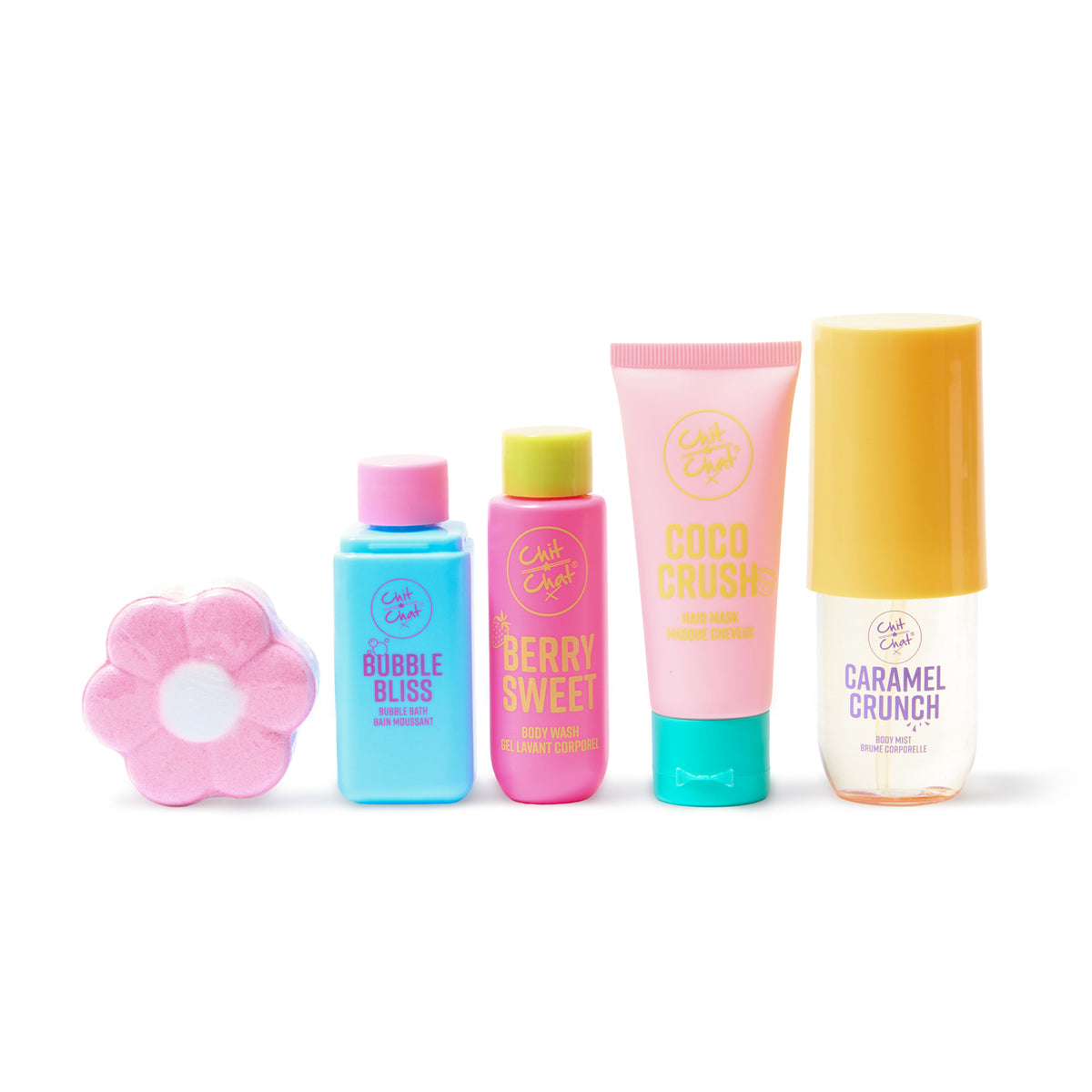 Four bath and body products arranged on a white background: a pink flower-shaped bubble bath bomb, a blue bottle labelled Bubble Bliss, a pink bottle labelled Berry Sweet, and a light pink tube labelled Coco Crush, alongside a clear bottle labelled Caramel Crunch with a yellow cap.