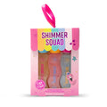 The Shimmer Squad 3-pack gift set in pink packaging with a hanging ribbon, featuring three shimmer body washes in clear wave shaped bottles, in glittery peach, pink, and blue colours.
