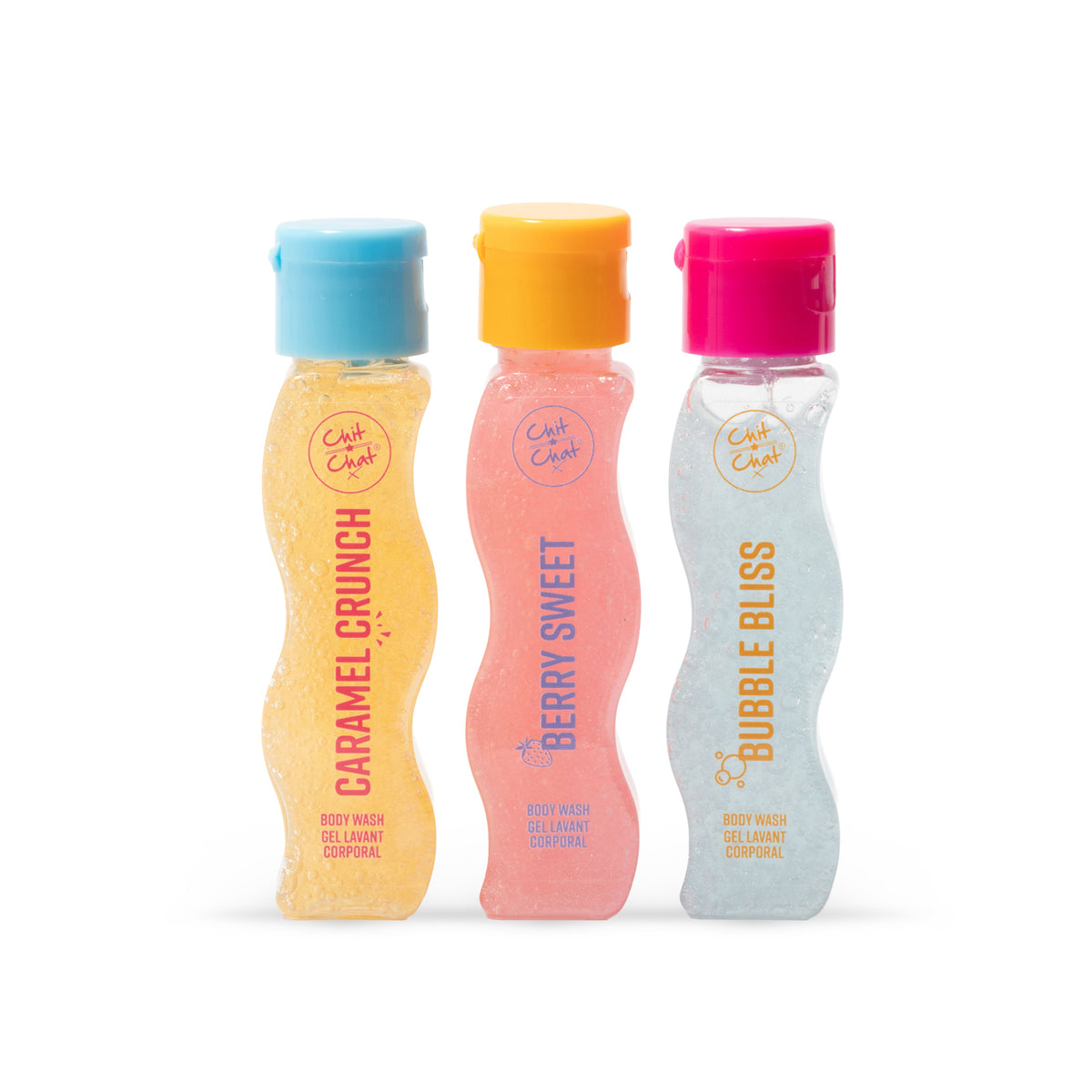 Three wavy plastic clear body wash bottles from the brand Chit Chat, shown side-by-side on a white background. From left to right, the bottles are labelled 'Caramel Crunch' with a light blue cap, 'Berry Sweet' with a yellow-orange cap, and 'Bubble Bliss' with a hot pink cap.