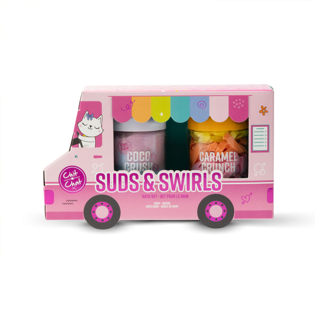 A pink cardboard ice cream truck packaging labelled 'Suds & Swirls' by Chit Chat, containing two bath products in tubs, Coco Crush and Caramel Crunch visible through a window, on a plain white background.