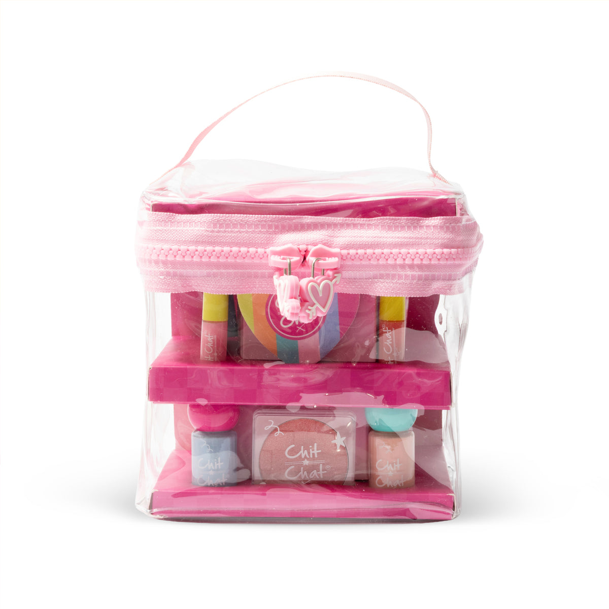 A pink and clear square plastic zipped cosmetic bag with a top handle, filled with various colourful makeup items on two tiers stacked, shown on a white background. The zip has a heart shaped detailed charm.