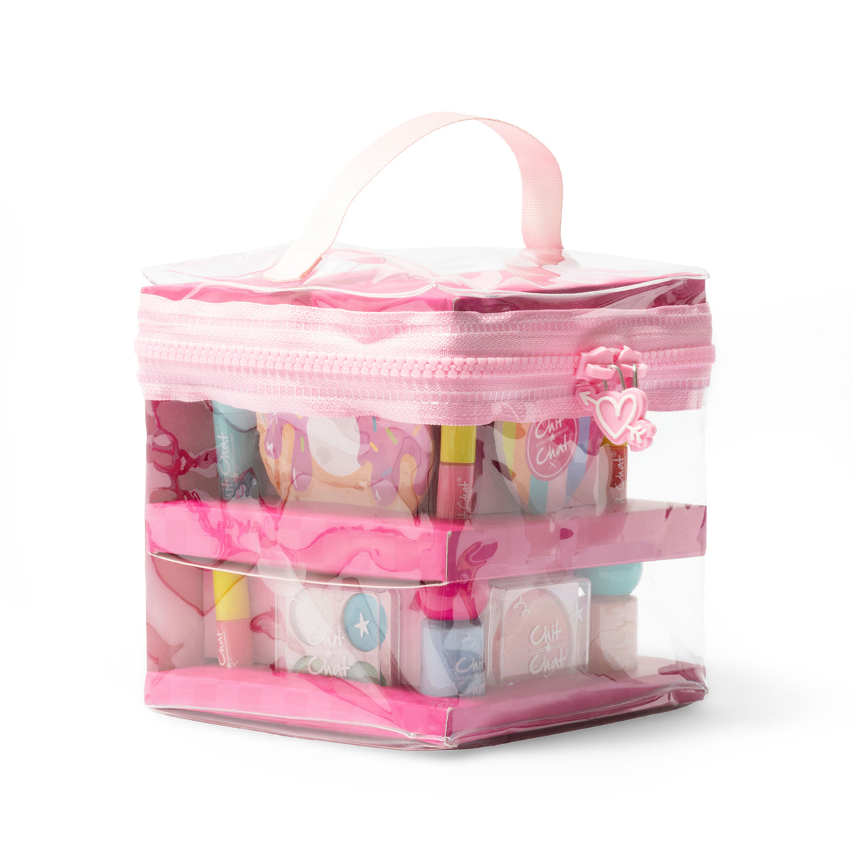 A pink and clear square plastic zipped cosmetic bag with a top handle, filled with various colourful makeup items on two tiers stacked, shown on a white background.