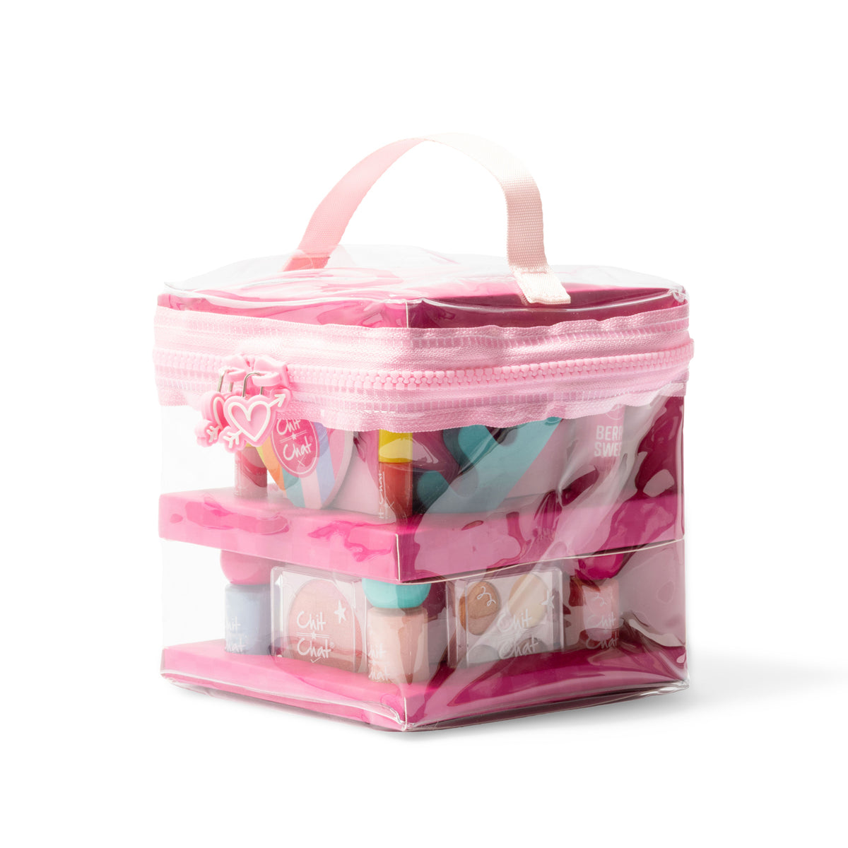 A pink and clear square plastic zipped cosmetic bag with a top handle, filled with various colourful makeup items on two tiers stacked, shown on a white background.
