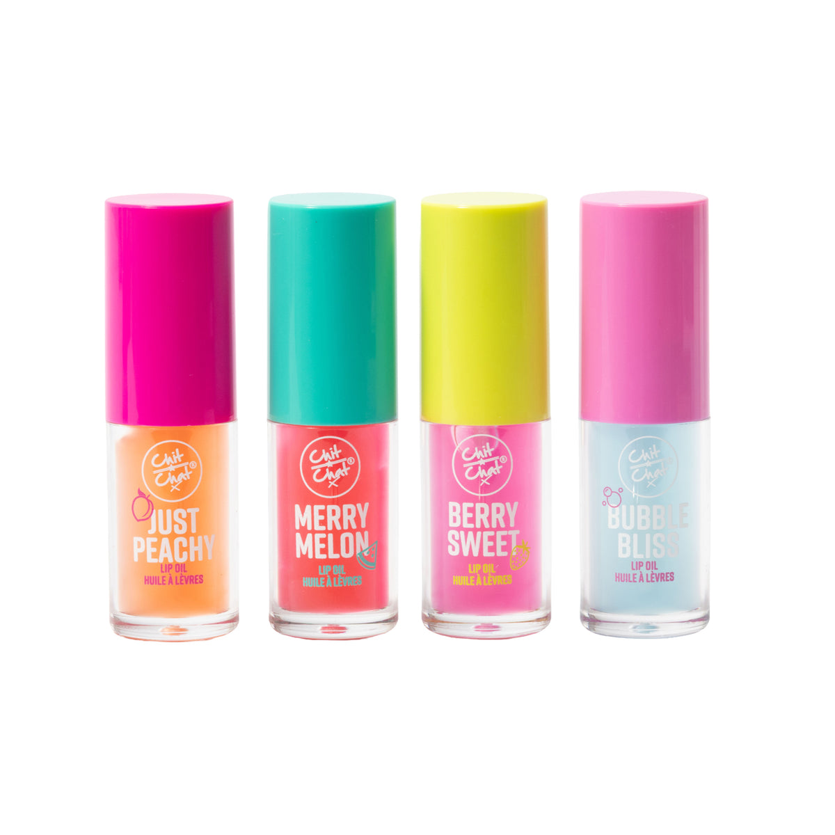 Four bottles of lips oils in a row on a white background: Just Peachy, Merry Melon, Berry Sweet, and Bubble Bliss.