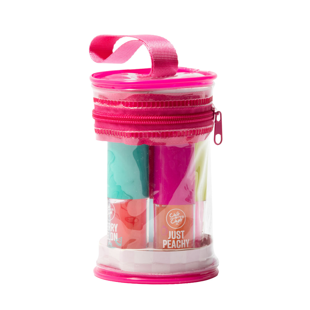 A clear cylindrical zippered cosmetic pouch with a bright pink zipper and pink carrying strap, containing four lip oils with different coloured bright lids.