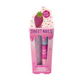 A pink 'Sweet Nails' nail set by Chit Chat, shown in it's retail packaging with a strawberry-themed nail file popping out the top and a visible pink and lilac double ended nail polish inside a clear window.