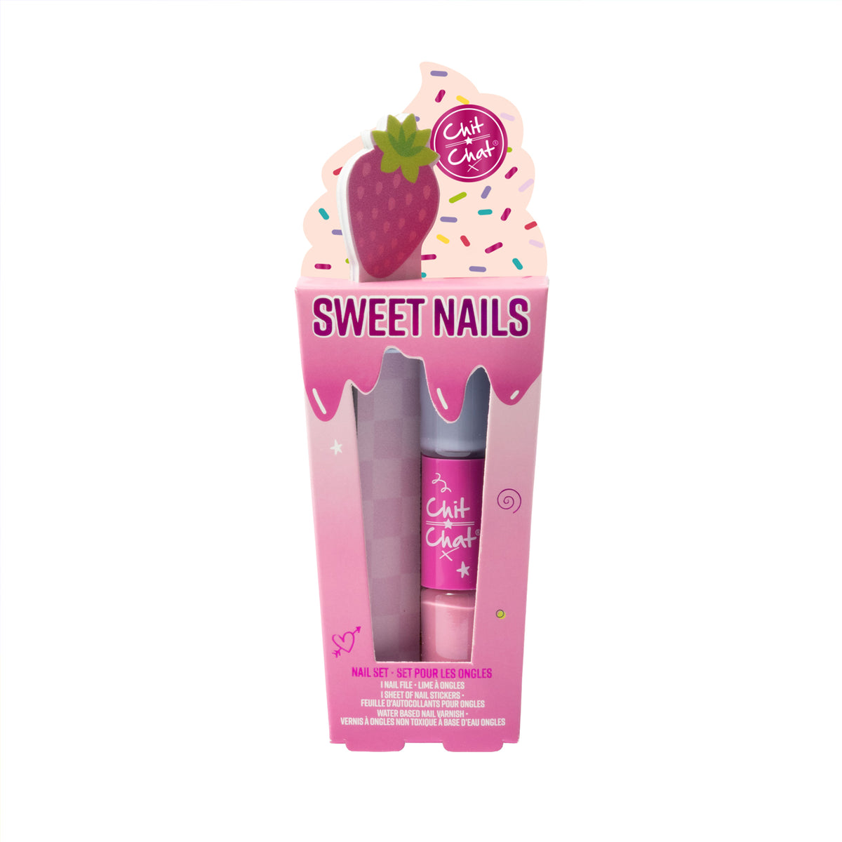 A pink 'Sweet Nails' nail set by Chit Chat, shown in it's retail packaging with a strawberry-themed nail file popping out the top and a visible pink and lilac double ended nail polish inside a clear window.