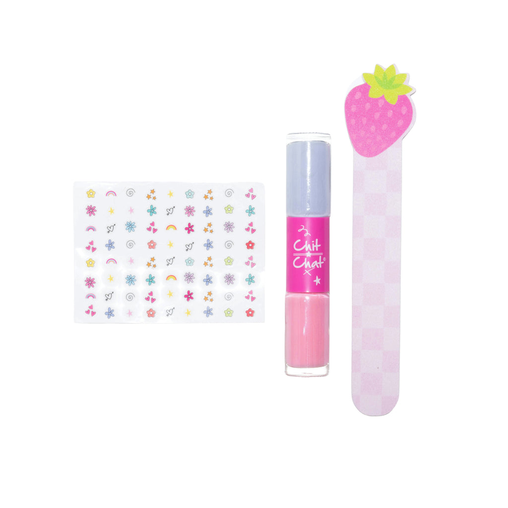 A nail art set featuring a sheet of multi-colour floral, heart and star stickers, a pink and lavender nail polish tube, and a pink checked nail file topped with a strawberry-shaped accent, all on a white background.