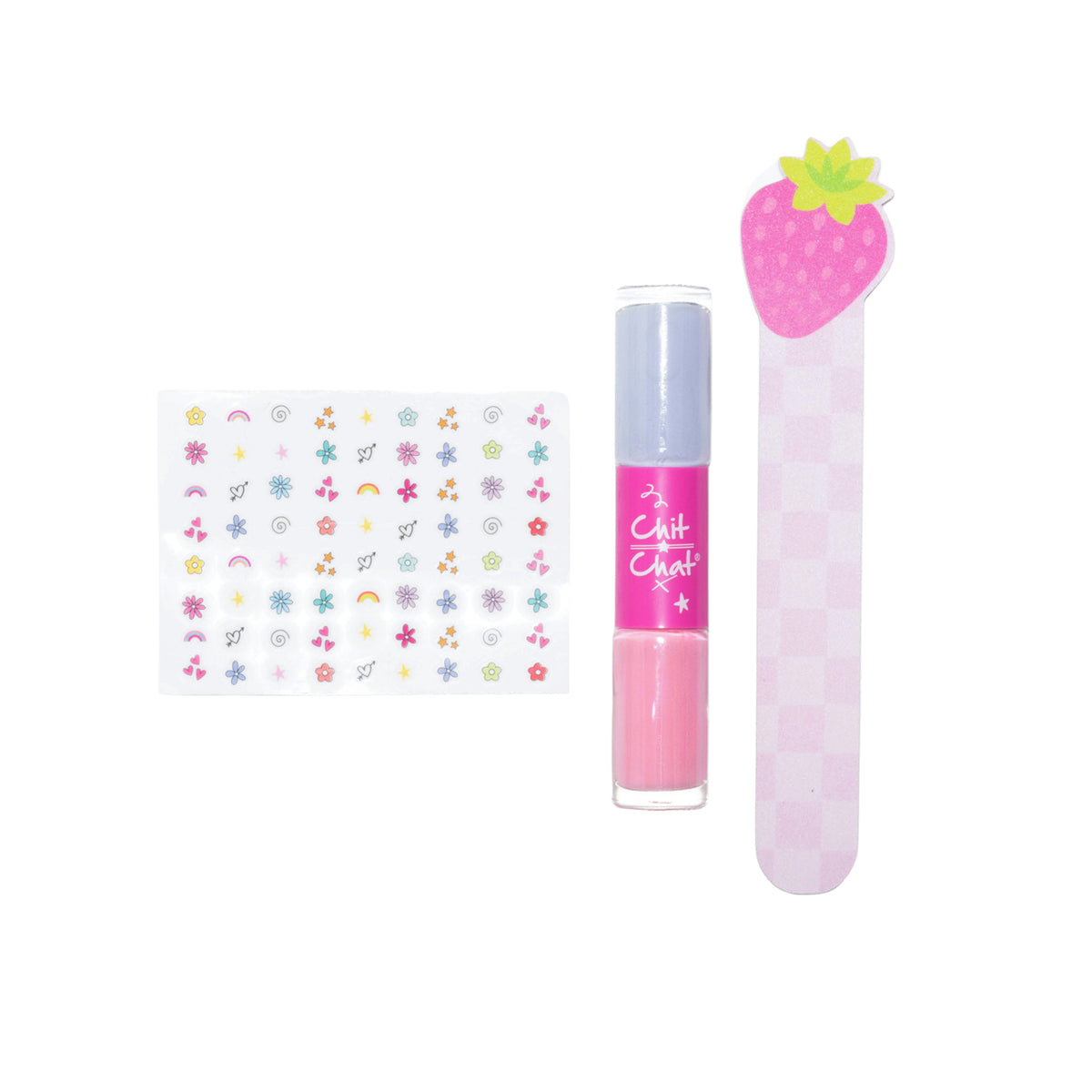 A nail art set featuring a sheet of multi-colour floral, heart and star stickers, a pink and lavender nail polish tube, and a pink checked nail file topped with a strawberry-shaped accent, all on a white background.