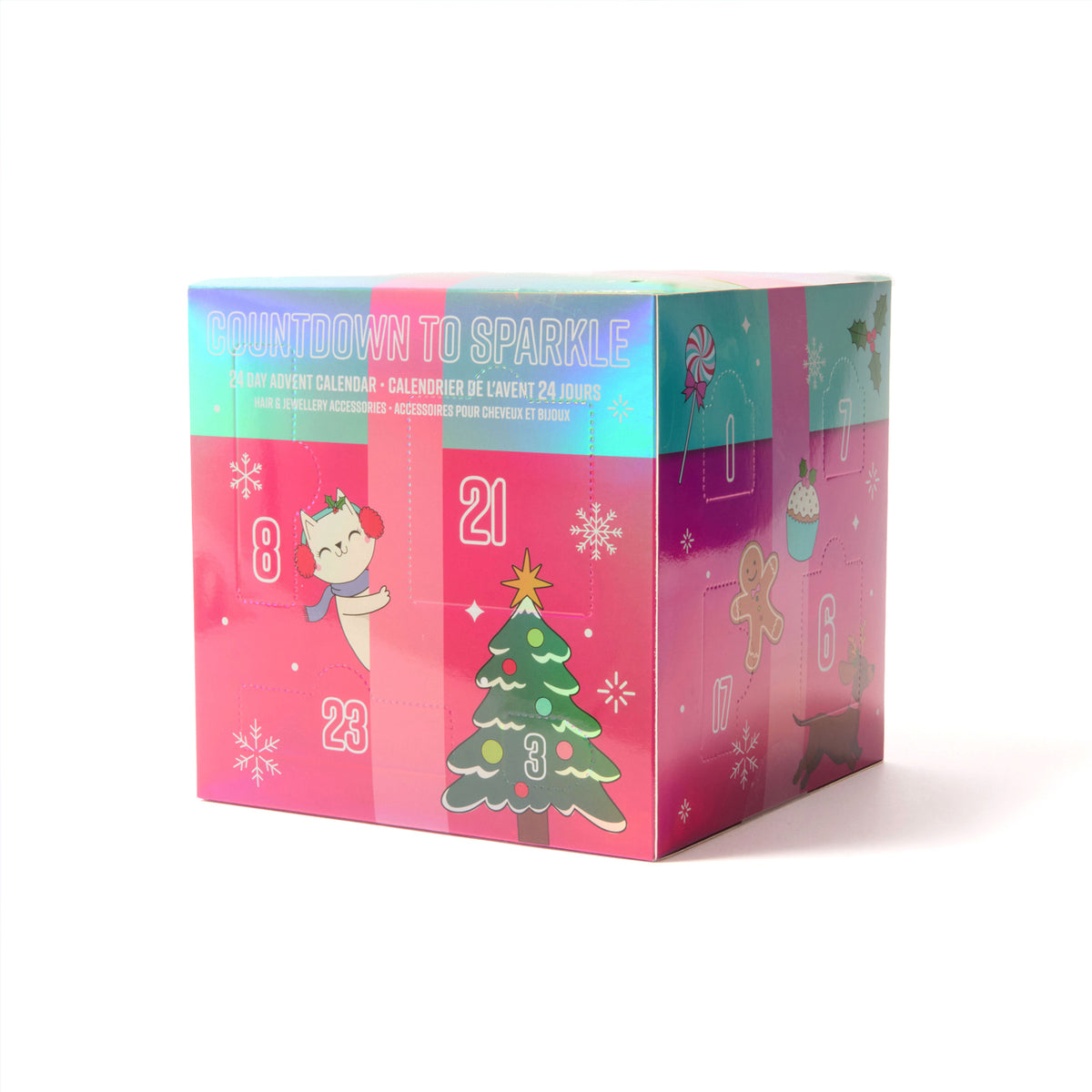 A pink and teal advent calendar box with cute holiday illustrations, including a Christmas tree, snowflakes, a gingerbread man, and a cat, on a white background.