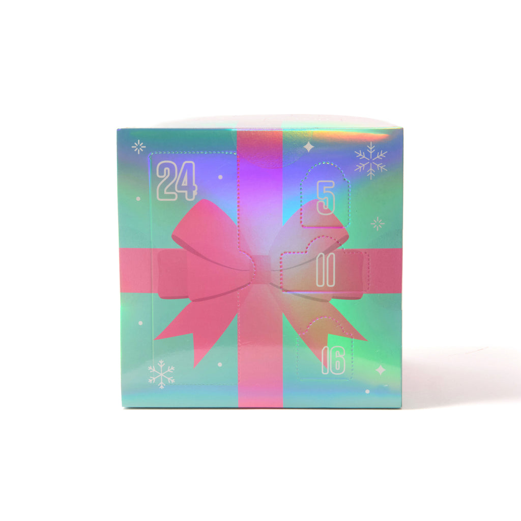 A square advent calendar box with a holographic finish, featuring a pink bow design and cutout windows showing the number on a white background.